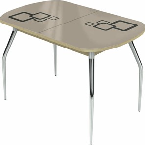 Кухонный раздвижной стол Ривьера мини хром №5, Рисунок квадро (стекло молочное/коричневый/дуб выбеленный) в Когалыме