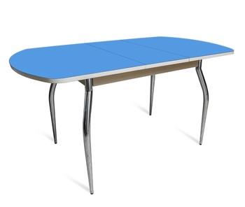 Кухонный стол раздвижной ПГ-07 СТ2, дуб молочный/синие стекло/35 хром гнутые металл в Лангепасе