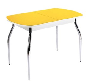 Кухонный раздвижной стол ПГ-07 СТ2, белое/желтое стекло/35 хром гнутые металл в Нягани