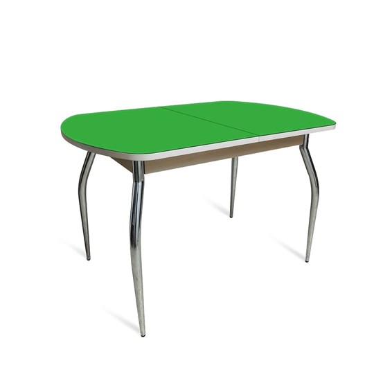 Кухонный стол раздвижной ПГ-02 СТ2, дуб молочный/зеленое стекло/35 хром гнутые металл в Лангепасе - изображение 1