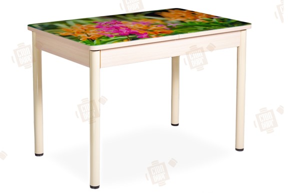 Кухонный стол раскладной Айсберг-02 СТФ, Дуб ЛДСП/полевые цветы/ноги крашеные в Лангепасе - изображение