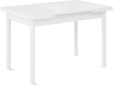 Кухонный раздвижной стол Милан-1 EVO, ноги металлические белые, стекло белое/серый в Ханты-Мансийске