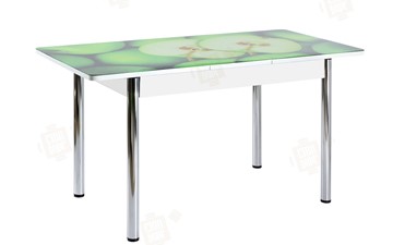 Кухонный стол раскладной Айсберг-01 СТФ, белый/фотопечать зеленые яблоки/ноги хром круглые в Нягани