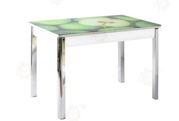Обеденный раздвижной стол Айсберг-01 СТФ, белый/фотопечать зеленые яблоки/ноги хром квадратные в Лангепасе