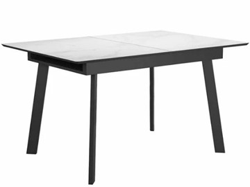 Стеклянный обеденный стол раздвижной DikLine SFH125 стекло Оптивайт Белый мрамор/подстолье черное в Нижневартовске