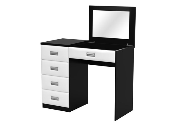 Косметический стол Como/Veda, с зеркалом, 4 ящика, левый, ЛДСП черный/экокожа белая в Лангепасе - изображение