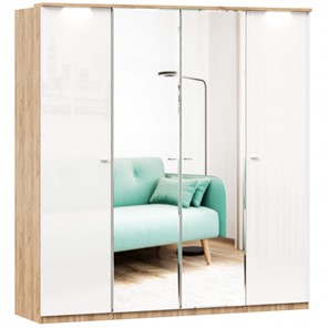 Шкаф 4х-дверный Фиджи с 2 зеркалами, Дуб золотой/Белый в Лангепасе