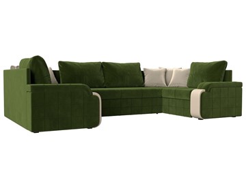 Большой П-образный диван Николь, Зеленый/Бежевый/Бежевый (микровельвет/экокожа) в Урае